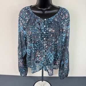 Haver London Blouse Womens Medium Blue Mosaic Print Gold Metallic Balloon Sleeve
